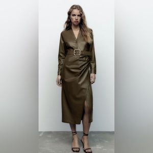 ZARA WOMAN'S FAUX LEATHER Olive Green SHIRT DRESS WITH BELT
